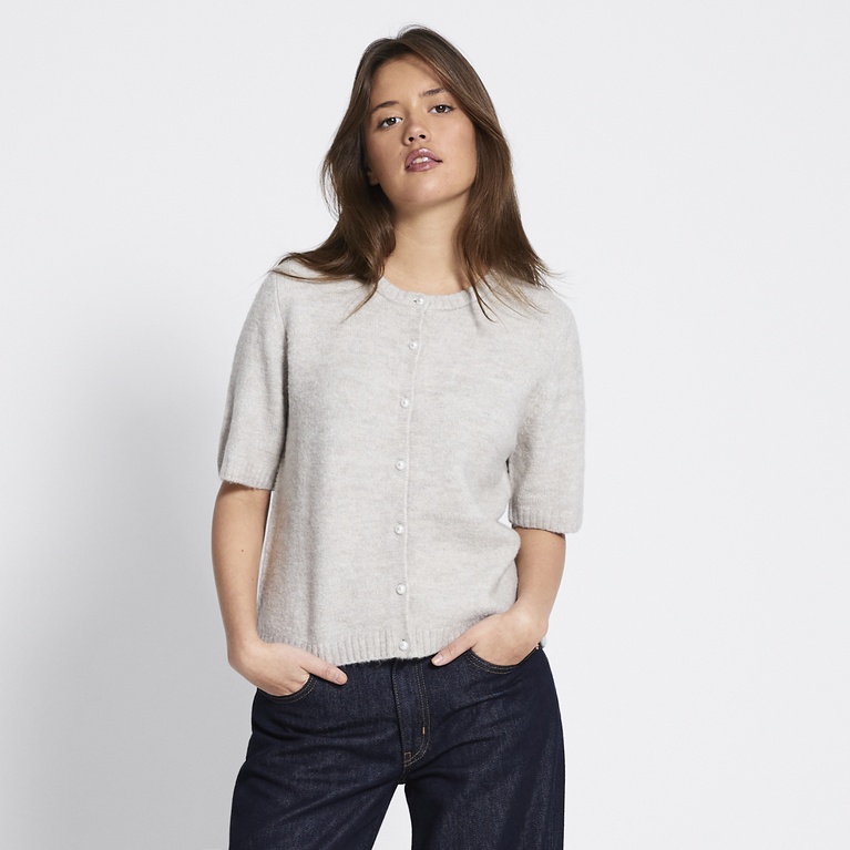 Basic short sleeve knit cardigan "Margot" Beige Melange